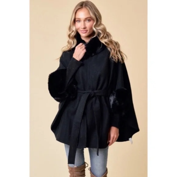 Black Solid Faux Fur Trimmed Soft Fuzzy Poncho Cape Coat Women's Fall Winter - Picture 4 of 6